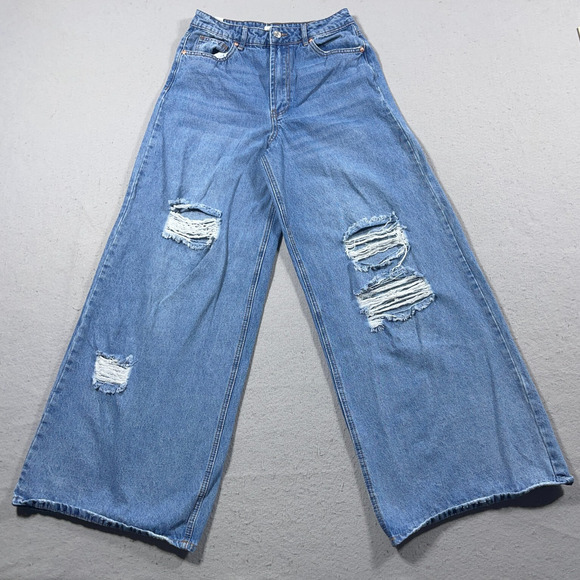 Almost‎ Famous Jeans Women 5 High Rise Super Wide Baggy Leg Distressed Blue - Picture 1 of 12